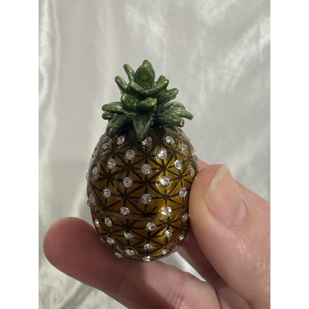 Pineapple Hinged Metal Enamel Rhinestone Trinket box 2" rhinestone